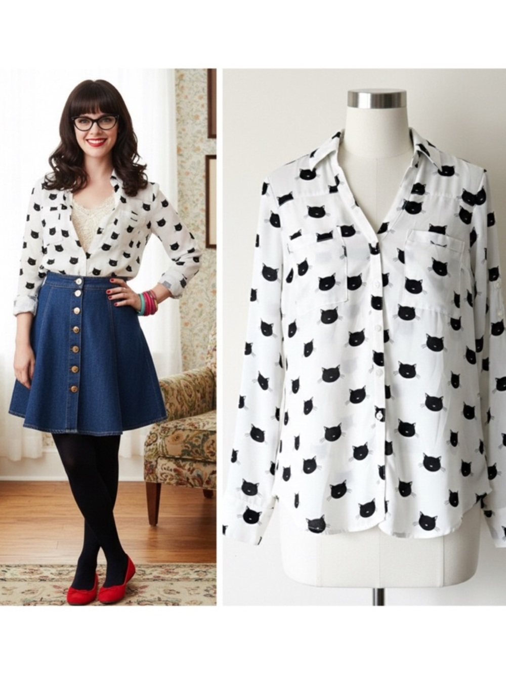 Express Portofino Button Down Blouse Ivory Black Cat Rare Print Size Small - Picture 14 of 14